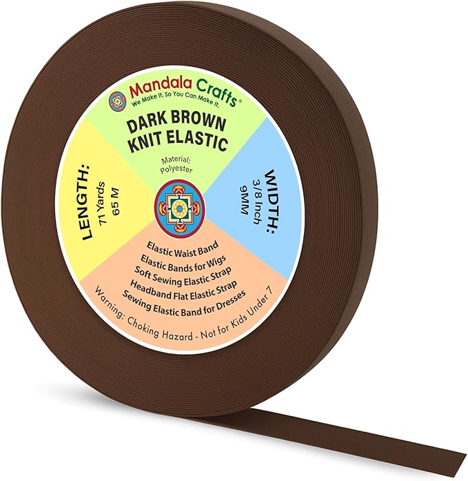 Mandala Crafts Wide 3/8 Inch Dark Brown Elastic Bands Spool for Pants Waistbands Sewing and DIY Crafts, 71 YD Stretchy Flat Fabric Strap Knit Elastic Band for Wig