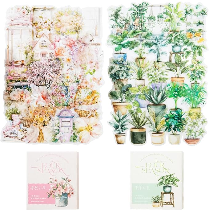 200Pcs Spring & Summer Botanical PET Stickers, Nature-Themed Scrapbooking Stickers for Journaling, DIY Crafts, and Decoration Supplies