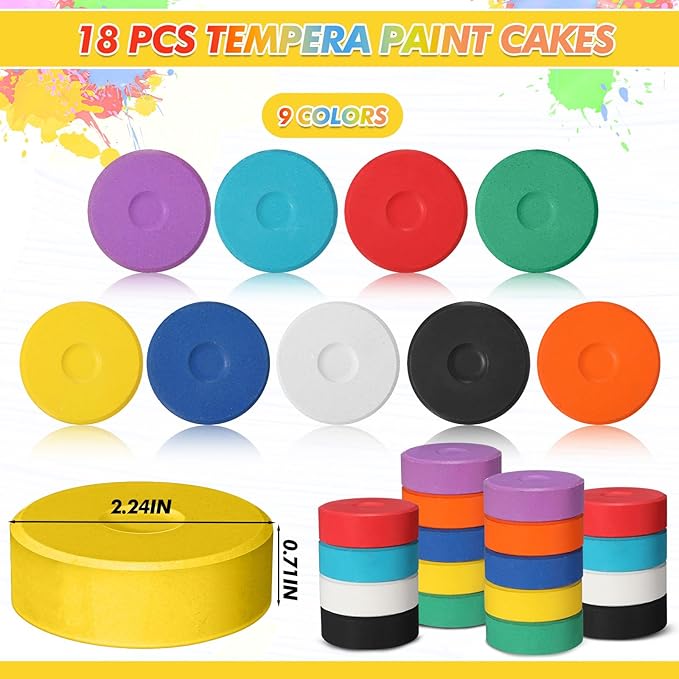 Engrowtic 18 Pcs Tempera Paint Cakes 9 Color Large Washable Tempera Cakes Art Supplies for Classroom Art Painting Drawing