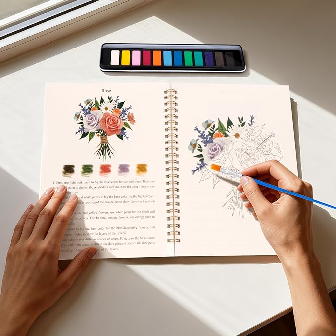 Kivzex Watercolor Workbook for Adults, Beginner Friendly Watercolor Painting Kit Bouquet Water Coloring Book, Nature-Themed Practice Art Gift Water Color Paint Book with Palette and Brush