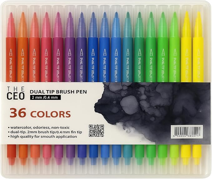 THE CEO Colored Pens Dual Brush Markers - 36 Vibrant Water-Based Markers for Bold, Smooth Creations - Drawing Pens with Precision Tips for Versatile Artwork - Ideal for Artists & More
