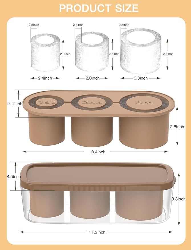 Ice Cube Tray for Tumbler Cup 30Oz-40Oz, 3 Pcs Silicone Cylinder Ice Mold with Lid and Bin for Freezer, Easy Fill and Release Ice Maker for Whiskey, Cocktail BPA-Free (Brown, 40Oz-Type1)