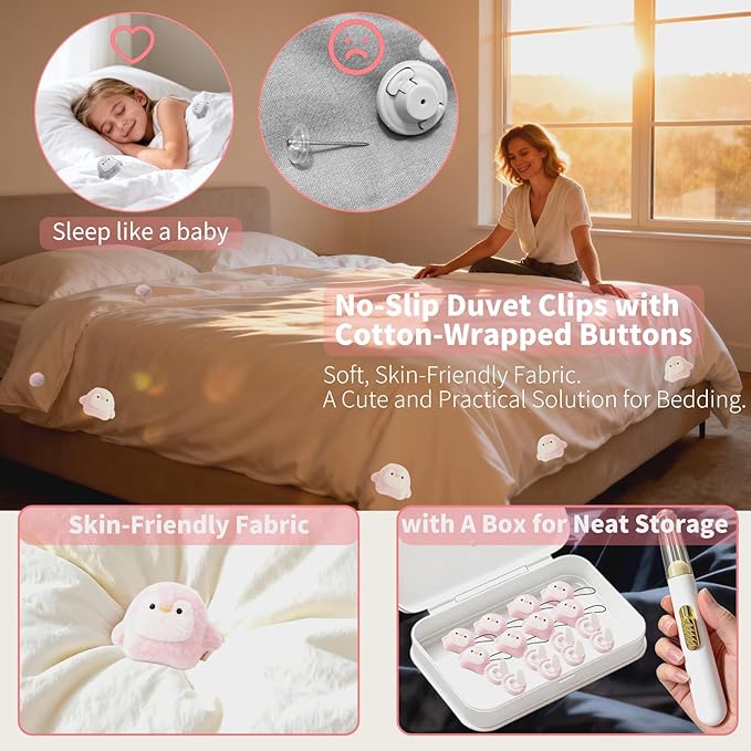 8 Pcs Duvet Clips with Pins Quilt Fixer,Non-Slip Duvet Cover Clips,Duvet Clips to Hold Comforter Inside,No Needles，Penguin Pattern(Inc Hook Tool,Storage Box)(Pink)