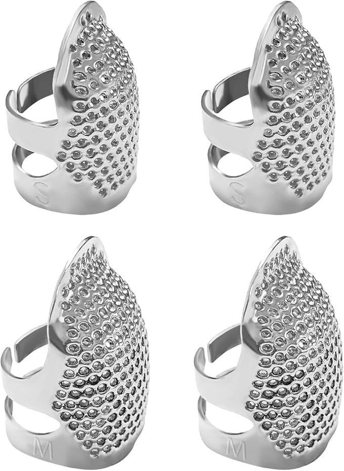 ZESION 4Pcs Sewing Thimbles, Adjustable Metal Thimbles for Hand Sewing Finger Protector, Quilting Craft Accessories for Knitting Needlework DIY Tools, Silver(2 Sizes, S/M)