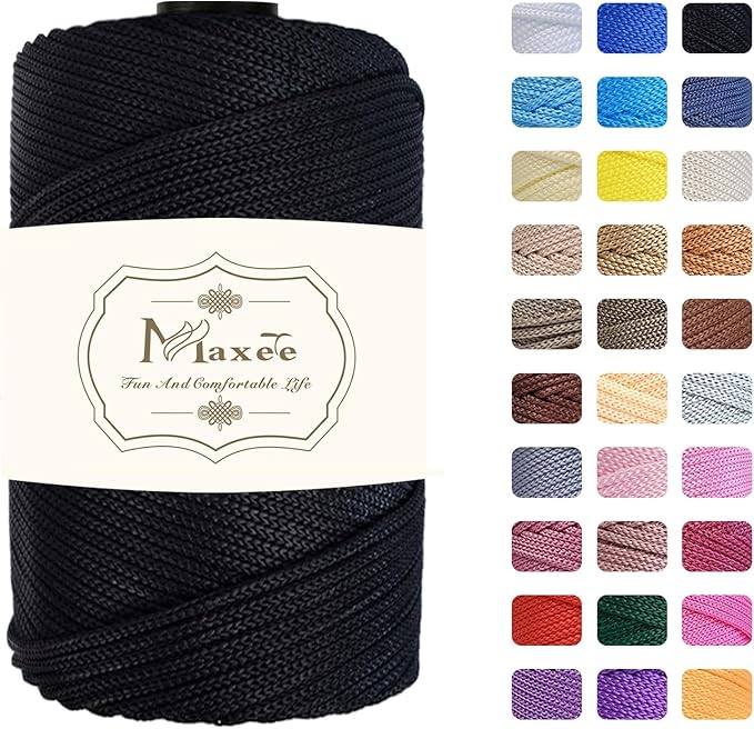 Maxee Premium Polyester Macrame Cord 3 mm × 218 yd,3mm 100% Polypropylene Macrame Cord,Ideal for Crochet, Wall Hangers, Bags, Rugs & DIY Crafts（Black）