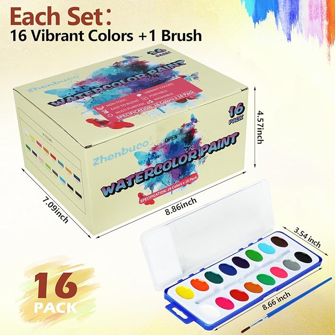 16 Pack Watercolor Paint Set - 16 Colors Quality Washable Water Color Paints Sets with Paint Brush, Kids Watercolor Paint Set for Coloring, Art, Classrooms, Party Favors and Paint Supplies