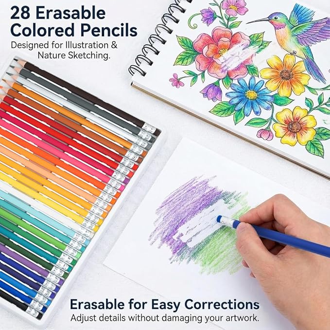 Pre-sharpened Colored Pencils with Erasers, Erasable Color Pencils, Drawing Pencil, Art Pencil for School Supplies, Drawing Supplies (28 Colors)