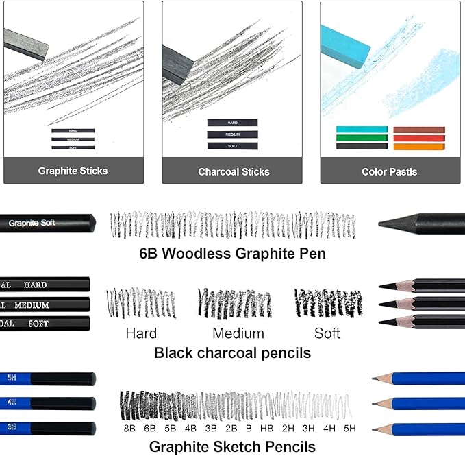 50pcs Sketching Drawing Pencils Set Art Supplies | Sketch pencils,Graphite,Charcoal,Sketch book,Drawing supplies | In Black Zipper Case | For adults,teeage, Kids 9-12