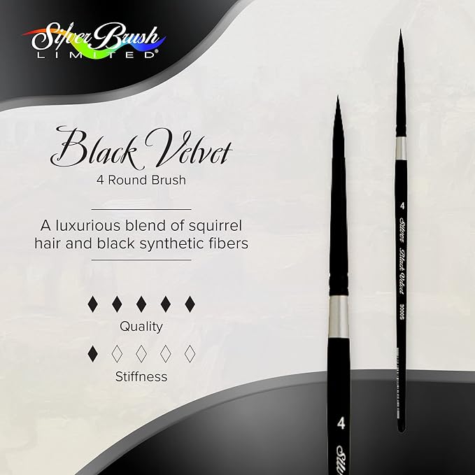 Silver Brush Limited 3000S-4 Black Velvet Round Paintbrush for Watercolor, Gouache, Inks, & Dyes, Size 4, Short Handle