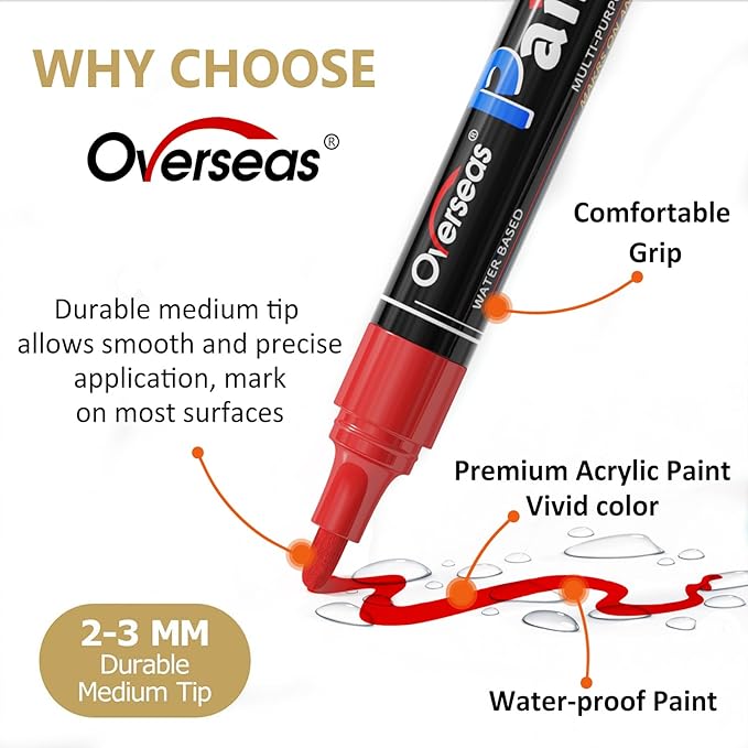 Overseas Gold Paint Pens - Permanent Acrylic Paint Markers 12 Pack, Water-Based, Quick Dry, Waterproof Marker Pen for Rock, Wood, Plastic, Metal, Canvas, Glass, Fabric, Card, Mugs. Medium Tip