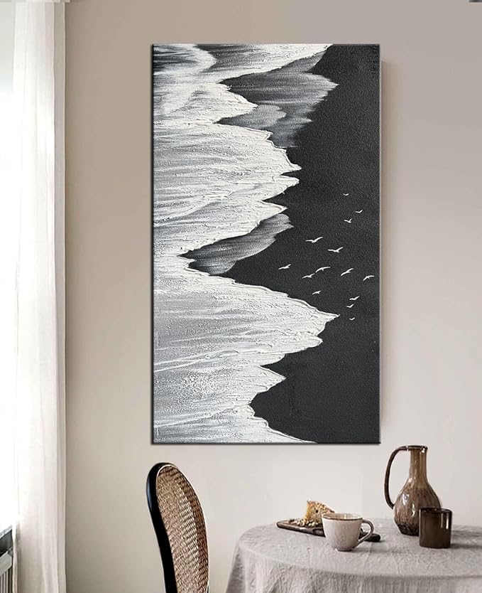 YaSheng Art - Oil Painting on Canvas Texture Black and White Ocean scenery sandbeach 3D Oil Painting Hand-Painted Abstract Artwork Paintings Modern Home Decor Living room sofa bedroom dining room hanging pictures Canvas Wall Art 24x48inch