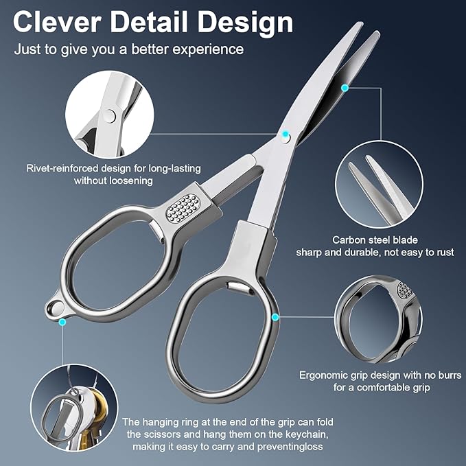 2 Pcs Folding Stainless Steel Portable Mini Small Travel Scissors, Safety Foldable Pocket Badge Nursing Scissors with 2 Keychain for Travel, Home, Office, Craft, Sewing (Silver)