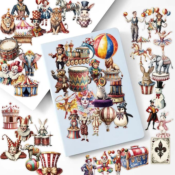 50 Pcs Vintage Circus Scrapbook Stickers – Clear Waterproof Clown, Animal, Tent, Retro Carnival Circus Decals for Journaling, Crafts, Planners, Cards & Laptop Decorations