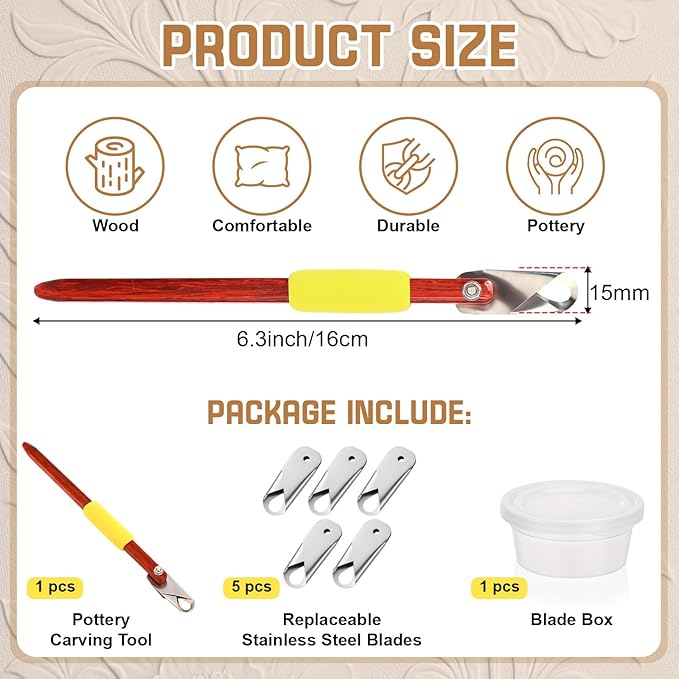 Lanties Pottery Carving Tools Set Include 5 Stainless Steel Blades & Red Pear Wood Handle, Sculpture Scraper Craft Modelling Tools for Clay, Ceramic Sculpting, Graffito, Relief Art(U-tip)