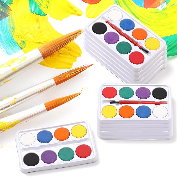 Outus 144 Pcs Watercolor Paint Set Bulk Mini Paint Set Washable Watercolor Palette with Painting Brushes for Art Party Supplies Prizes Stocking Stuffers, 3.3 x 2.6 Inch(8 Colors)