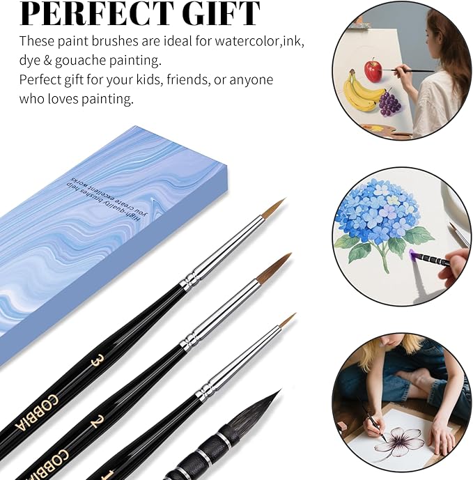 Professional Watercolor Sable, Squirrel Hair Paint Brushes, Mop Round Tip Detail Paintbrush Set for Oil Painting, Gouache, Detailing, Acrylic