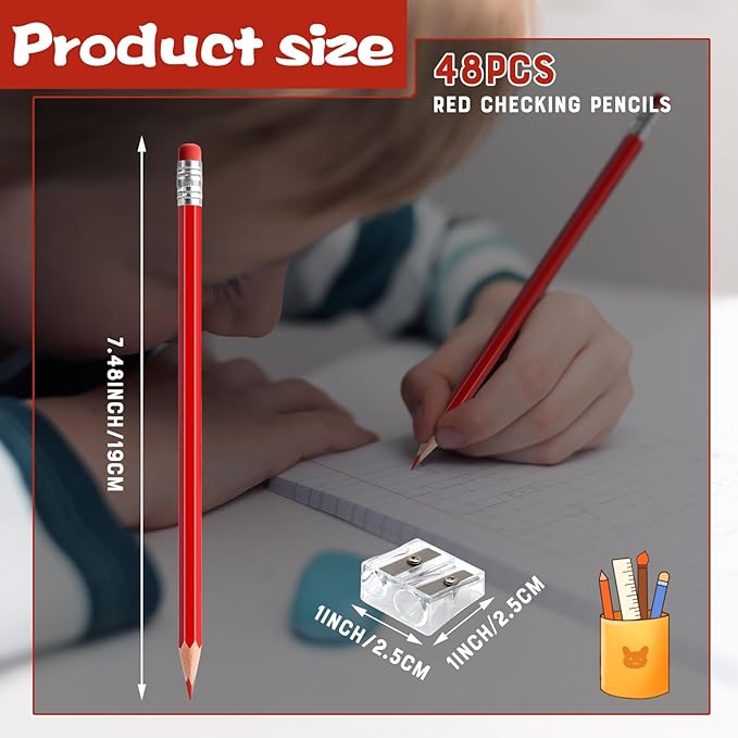 48 PCS Red Checking Pencils Erasable Colored Pencils with Eraser Pre-Sharpened 2 HB for Checking, Grading, Tests & Office/School Supplies (Red)