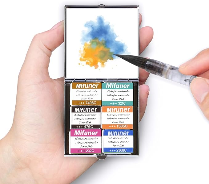 Mini Portable Handmade Artist Watercolor Paint Travel Metallic Box Set with 6 Solid Watercolor Half Pans (Each Capacity Approx 1.5ml).Mix Color 07