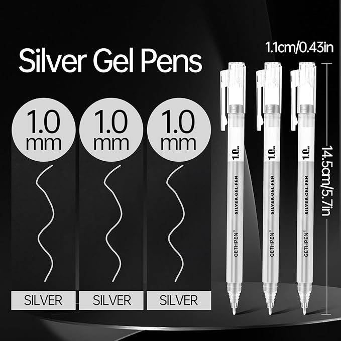 Silver Gel Pens, 3 Pack, 1mm Extra Fine Point Gel Ink Pen, Opaque White Archival Ink Pens for Black Paper Drawing, Sketching, Card Making