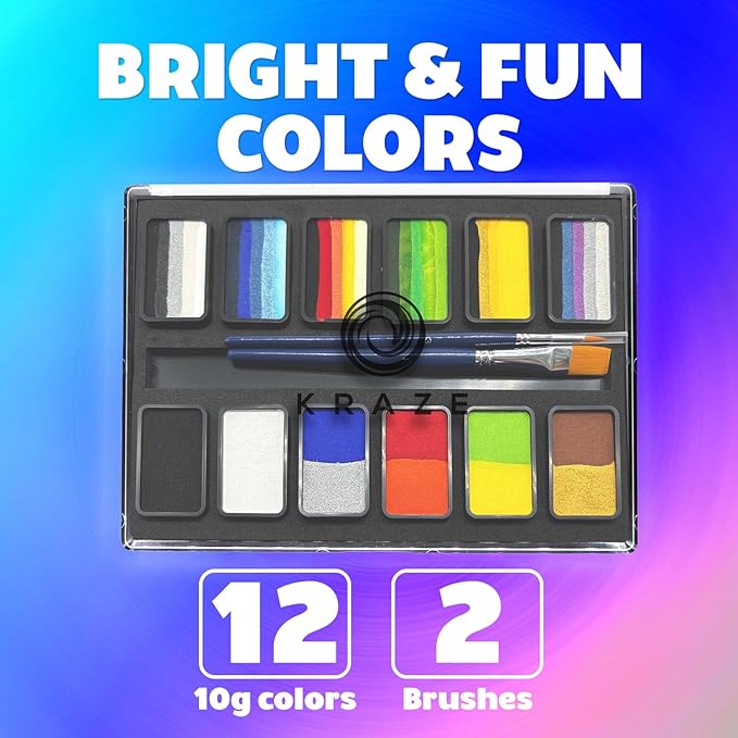 Kraze FX Transform Palette - 12 x 10 gm, Professional Face Painting, One Stroke Split Cake Palette, Water Activated, Hypoallergenic, Safe, Non Toxic Face Paint Kit for Kids & Adults