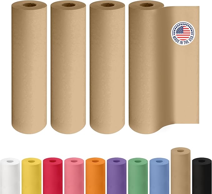 12" x 2160" (180 ft) Brown Kraft Paper Roll, Pack of 4 - USA-Made Quality Craft Paper for Gift Wrapping, Kids' Arts & Crafts, School Projects - 100% Recycled, 30 lb Natural Material by IDL Packaging