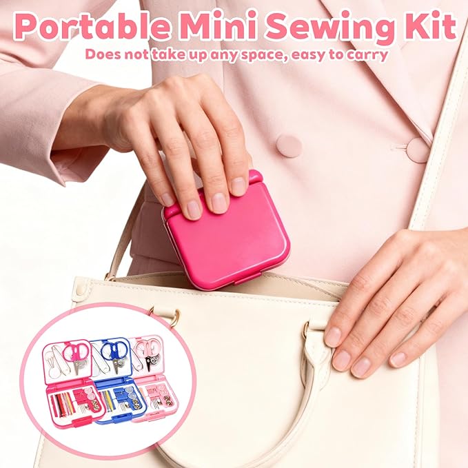 3 Pcs Mini Travel Emergency Sewing Kit – Portable Plastic Box Set with Threads,Needles,Scissors & Threader,Beginner-Friendly for Adults,Women,Mom,Traveler (Pink,Blue,Fuchsia)