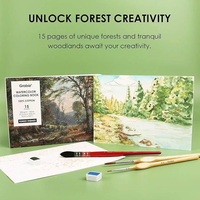 Grabie Watercolor Coloring Book, 15 Sheets A5 (8.3 x 5.8),Watercolor Book for Adults: Ignite Your Artistic Expression on 100% Cotton Paper (Forest)