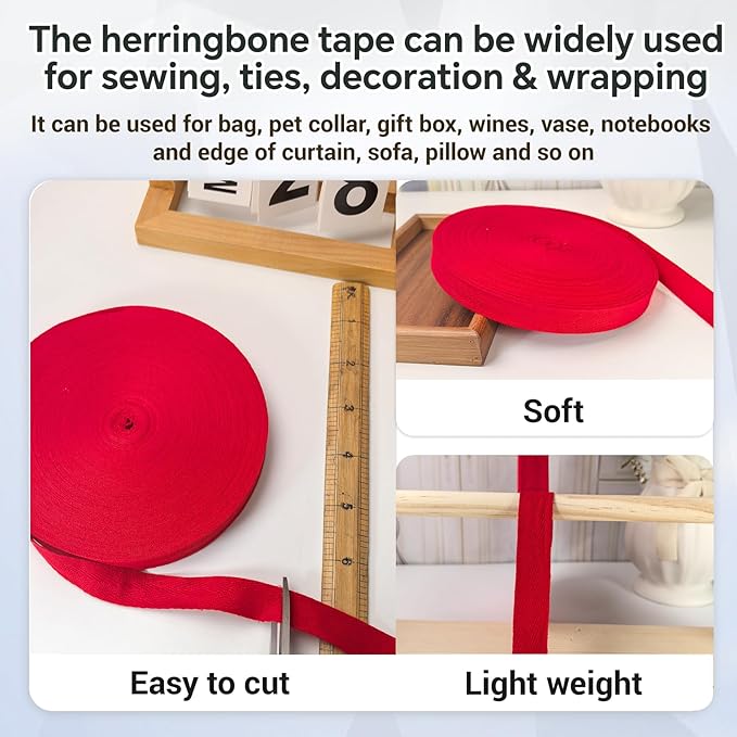 3/4 inch Red Herringbone Twill Tape Ribbon for Sewing,Ties,Gift Wrapping Home Deco-40 Yards Natural Cotton Webbing Straps-Bias Binding Tape for Handles, Crafts & DIY Projects