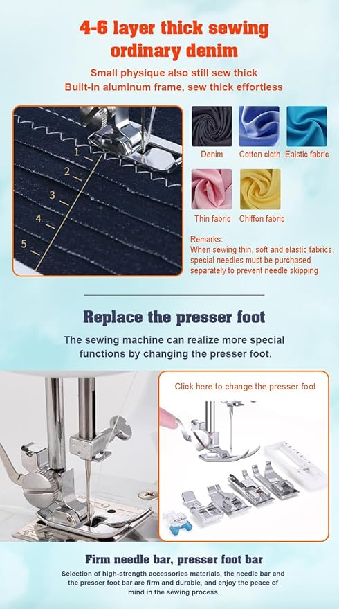 Sewing Machine for Beginners, Portable Mini Sewing Machine with 50 Pcs Fabric and 32 Pcs Sewing Threads Kit, 12 Built-in Stitches 2 Speed with Foot Pedal