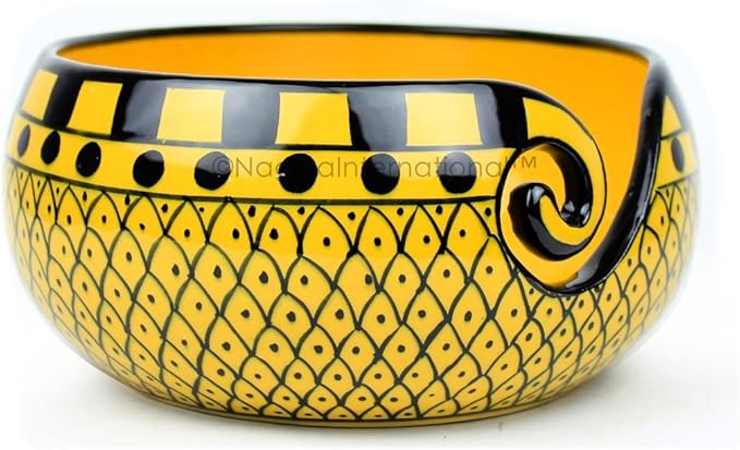 Nagina International Ceramic Attractively Hand Painted Gorgeous Stoneware Yarn Ball Storage Bowl With Innovative Dispensing Curl | Knitting & Crochet Accessions (Small, Curry Yellow)