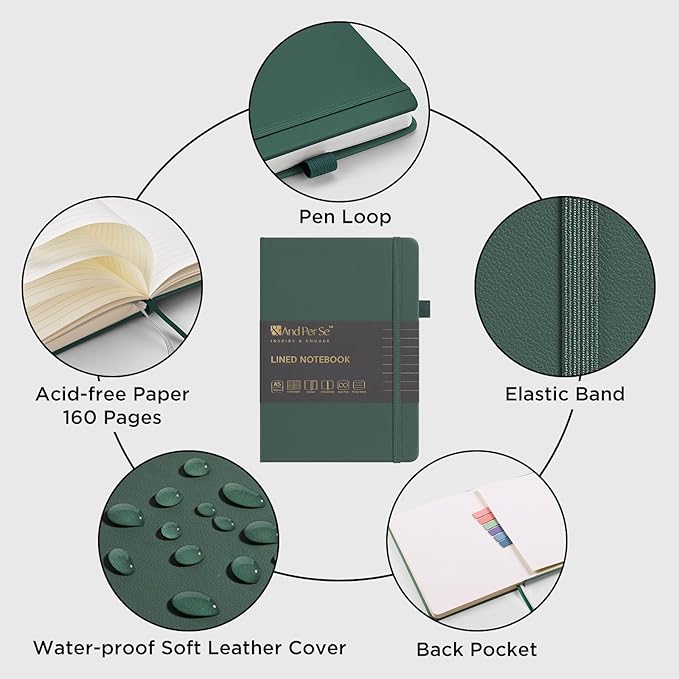 &And Per Se Lined Journal Notebook (10 Packs), 160 Pages, A5 5.7 x 8 inches College Ruled Thick Paper Notebook Journals for Writing, Hardcover Notebooks for Women Men Office School (Green)