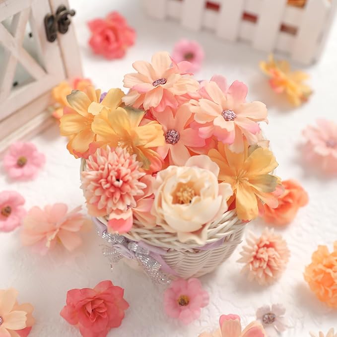 Faux Flower Heads Mini Orange Artificial Flower Heads Fake Peony Daisy Rose Flowers Multicolor Small Silk Daisy Flower Heads for Craft Garland Wedding Party DIY Home Decoration,2-4 cm