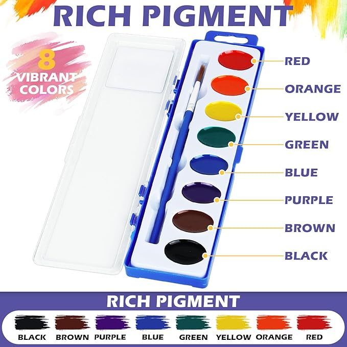 24 Pack Watercolor Paint Set - 8 Colors Quality Washable Water Color Paints Sets with Paint Brush, Kids Watercolor Paint Set for Coloring, Art, Classrooms, Party Favors and Paint Supplies