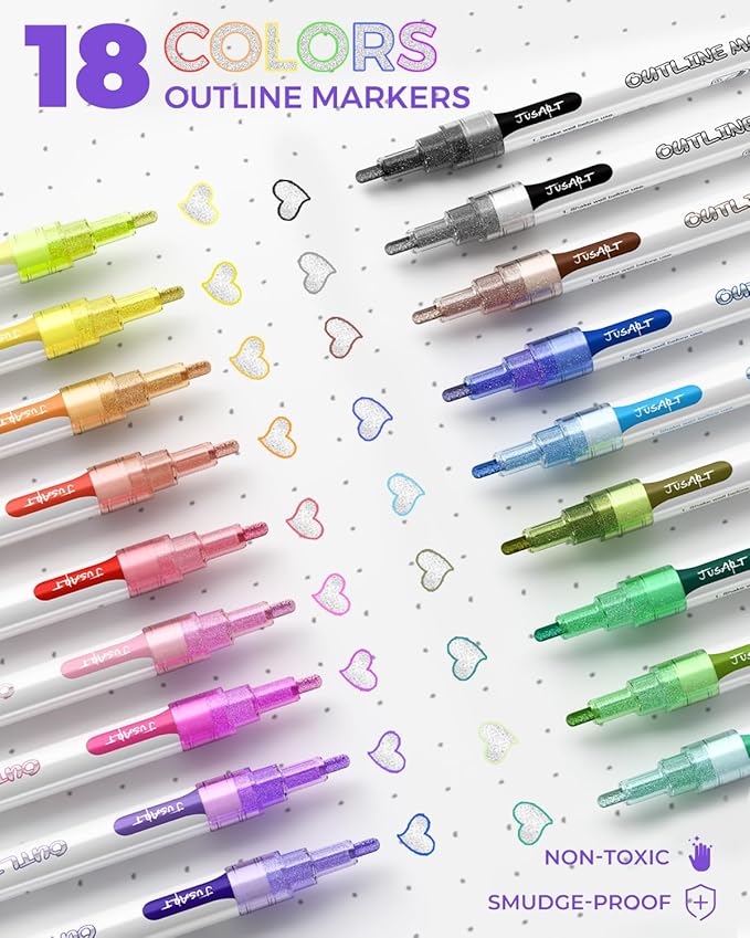 JusArt Outline Sparkle Markers, 18 Metallic Shimmer Pens for Adult Coloring, Cool Fun Drawing Supplies for Christmas, Easter, Halloween