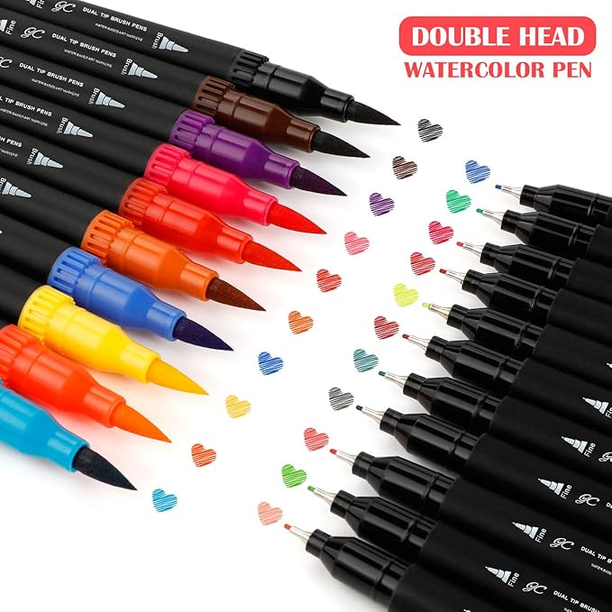 GC 72 Colors Dual Tip Brush Pens Highlighter 72 Art Markers 0.4mm Fine liners & Brush Tip Watercolor Pen Set for Adult and kids Coloring Books, Calligraphy, Hand Lettering, Note Taking