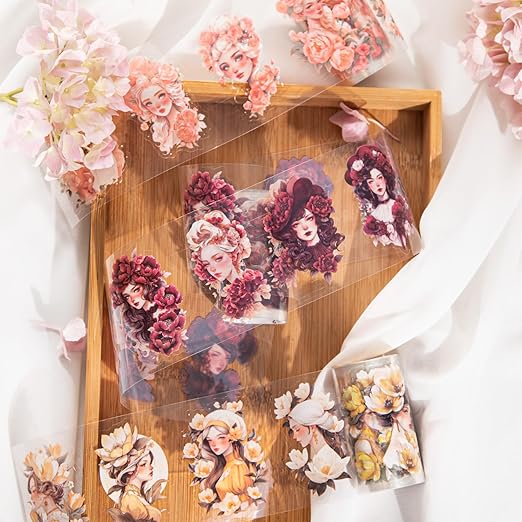 6 Pcs Flower Girl Scrapbook Tapes, Pre-Cut PET Tapes Aesthetic Stickers for Journaling, Scrapbook Supplies, and Ephemera, with Decorative Clip