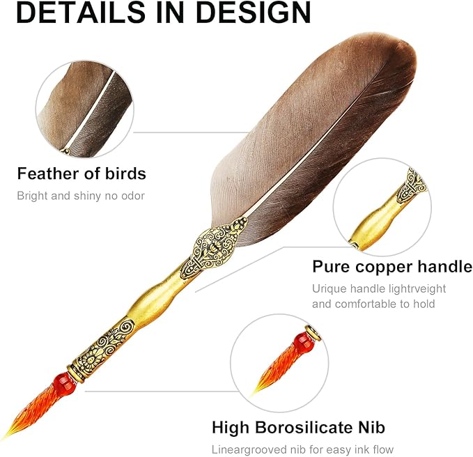 GC QUILL Feather Glass Dip Pen and Ink Set, Glass Calligraphy Pen with 5 Colors Ink and Pen Holder for Writing Drawing– MU-21