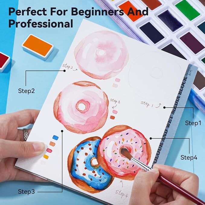 Paul Rubens Watercolor Paint Set Full Pan, 24 Vivid Colors Water Coloring Paint in Pocket Box with Metal Ring, High Transparency Intense and Durable, No Chalky, Perfect for Students, Beginners