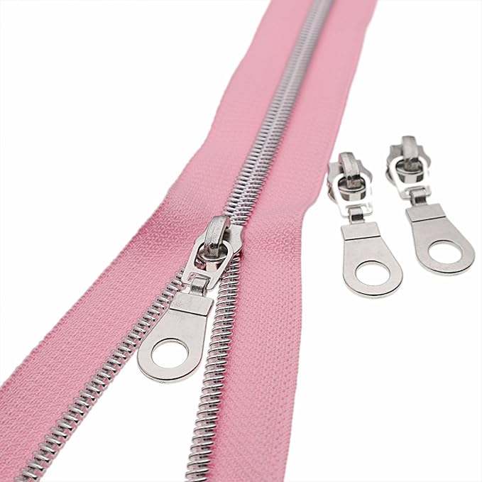 #5 Silver Metallic Nylon Coil Zippers by Yard Bulk Coil Zipper Roll 10 Yards with 25pcs Silver Pull for DIY Sewing Craft Bag(Pink) YIGUANXIN