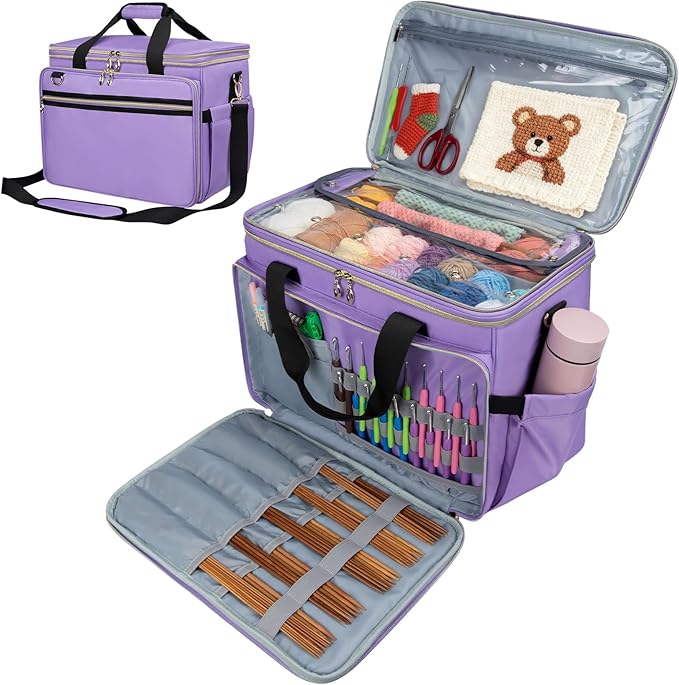 Anitor Large Crochet Bag Knitting Bag Yarn Storage Tote, Yarn Bag with Clear Top Lid, Unfinished Project Compartment, 6 Yarn Holes. Holds Knitting Needles, Crochet Hooks, Yarn, Purple, (Bag Only)