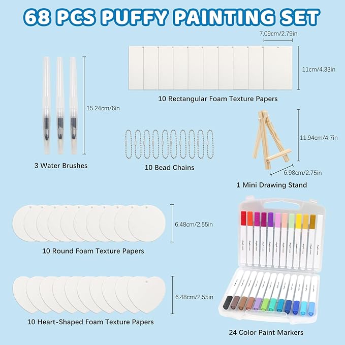 MoYueno 68 PCS Magic 3D Foam Texture Painting Kit, Puffy Paint Including 30 PCS Magic Foam Paper, 24 Colors Brush Tip Acrylic Paint Markers, 3 Soft-Tip Water Brush Pen, Magical Painting Kit