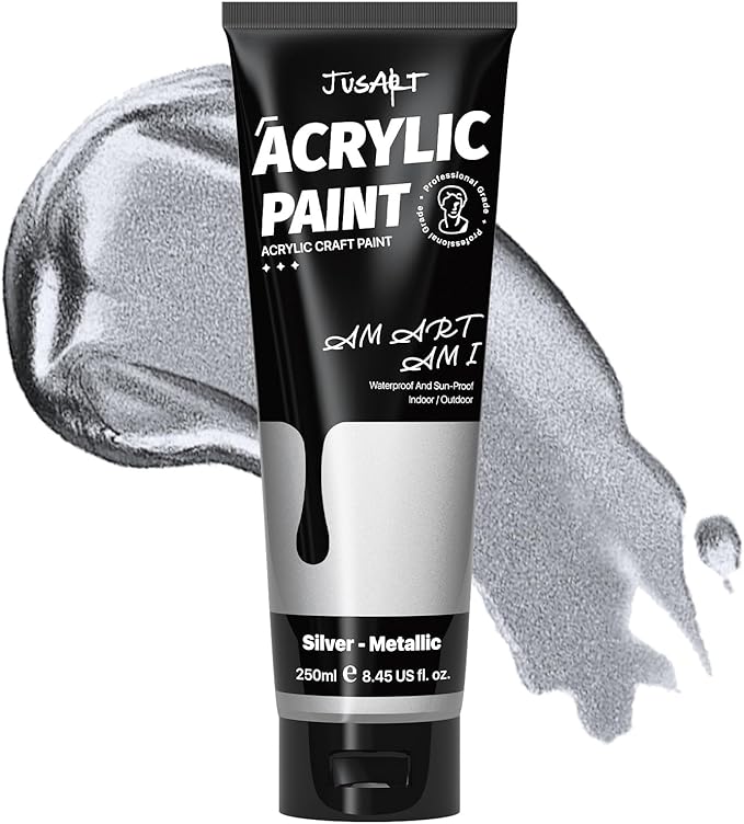 JusArt Acrylic Paint Metallic Silver Tubes 250ml (8.45 oz), Non Toxic Craft Paint, No Fading Rich Pigment for Canvas Painting, Wood, Fabric, Clay, MetallicStone, Ceramics Art Supplies for Artists, Adults