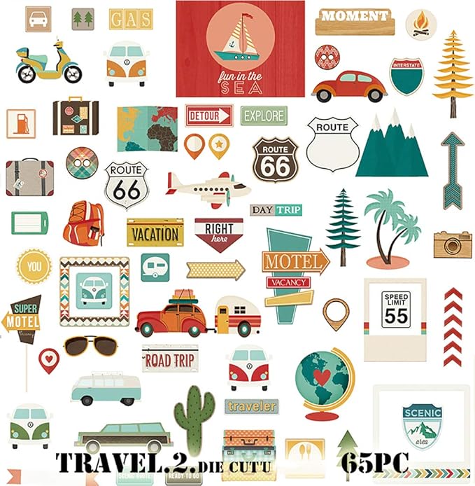 Doraking Foil Gold Paper Stickers, 65PCS Travel Themed Decoration for Scrapbook, Multicolored, Waterproof, Premium Adhesive Paper, Irregular Shaped, Holiday Travel Style