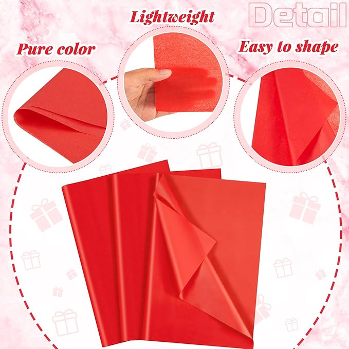 Qilery 500 Sheets Red Tissue Paper Bulk for Gift Bags 20 x 30 Inch Acid Free Wrapping Paper Sheets for Valentine's Day Chinese New Year Decoration DIY Craft, Packing Supplies for Moving, Wedding Party
