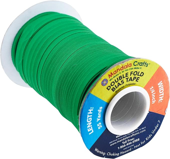 Mandala Crafts 55 Yards 1/4 Inch Green Double Fold Bias Tape for Sewing - Bias Binding Tape for Quilting Binding, Hemming, Seam, and Fabric Piping