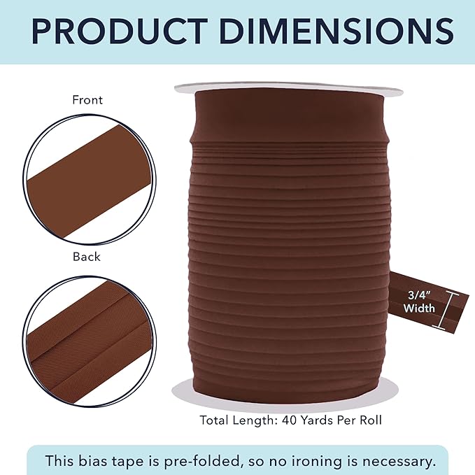Mandala Crafts 3/4 Inch Single Fold Bias Tape for Sewing, Quilting, Piping, Hemming, Blanket & Quilt Binding – 40 Yards Brown Fabric Seam Binding Tape