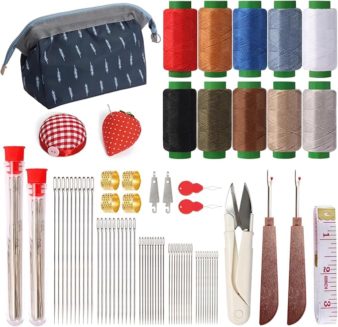 75 PCS Sewing Tool Set, Big Eye Steel Sewing Needles Kit with 10 Rolls Jeans Thread & Strawberry Pin Cushion Holder, Denim Needles Hand Repair Kit for Beginners, Portable DIY Travel Working