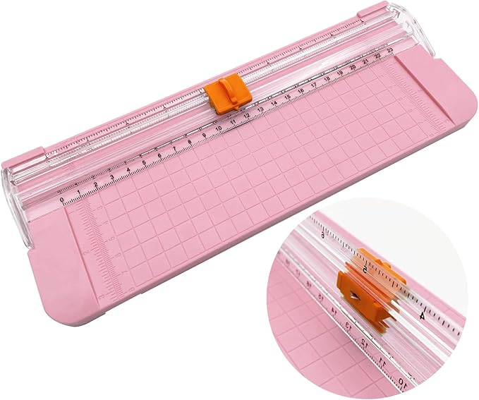 Paper Cutter, A4 Paper Trimmer with Security Safeguard & Side Ruler Portable Straight Edge Cutter for Scrapbooking Craft Paper, Photos, Label, Cardstock (Pink)