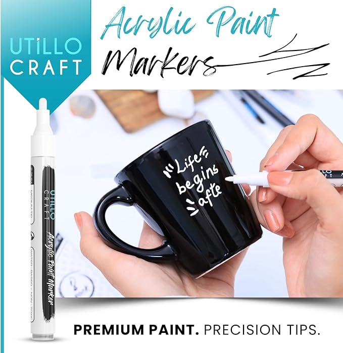 Utillo Craft White Paint Pen (8-Pack) for Rock Painting, Wood, Glass, Tire, Canvas, Metal, Fabric | Medium 2-3mm Tip Made in Japan | Bold Color Acrylic White Paint Markers | Perfect Art DIY Gift