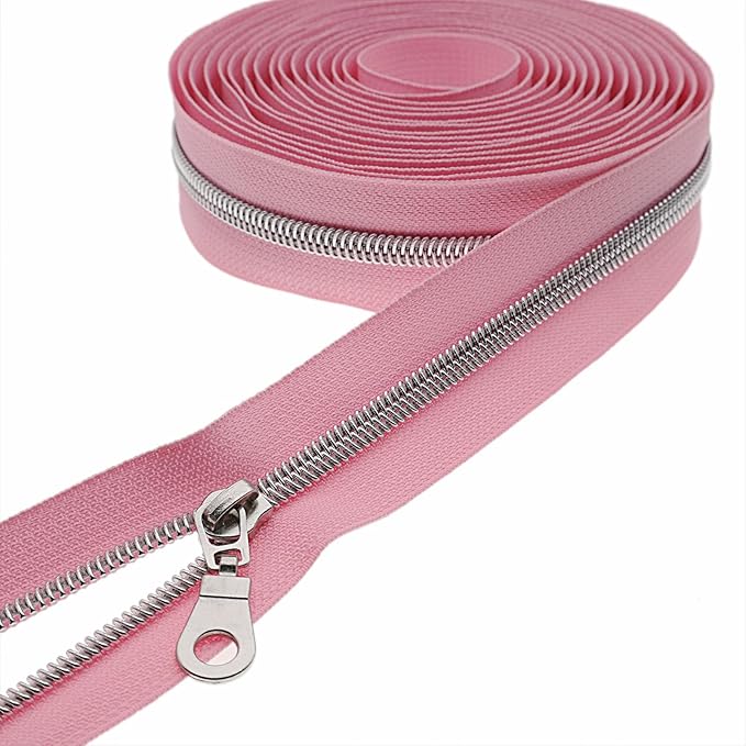 #5 Silver Metallic Nylon Coil Zippers by Yard Bulk Coil Zipper Roll 10 Yards with 25pcs Silver Pull for DIY Sewing Craft Bag(Pink) YIGUANXIN